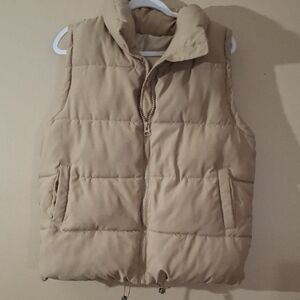 Beige Quilted Puffer Vest - Sleeveless Zip Front